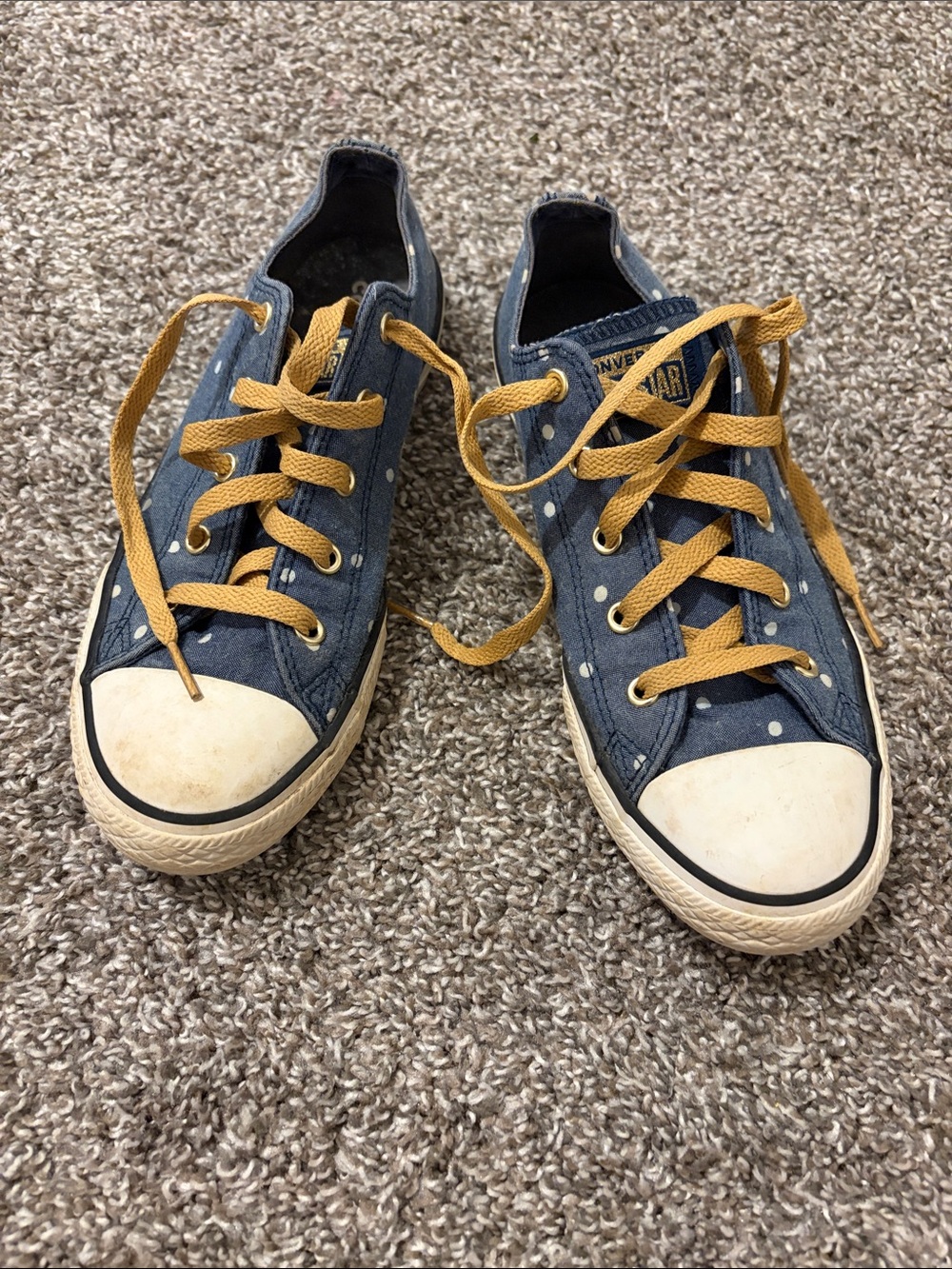 Converse Kids Navy Polka Dot Sneakers with Mustard Laces